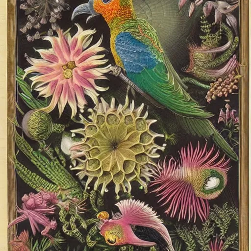 Prompt: beautiful elegant ernst haeckel fauna illustration of many greek cheek conures and flowers