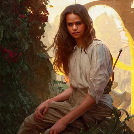 Prompt: character portrait of Alicia Vikander as a nonbinary androgynous teenager, relaxing mood, intricate, wild, highly detailed, digital painting, artstation, upper body, concept art, smooth, sharp focus, illustration, art by artgerm and greg rutkowski and alphonse mucha