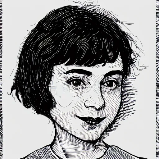 Image similar to portrait of young amélie poulain, vector art, line art, engraving illustration