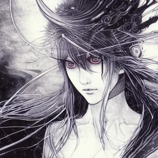 Image similar to Yoshitaka Amano blurred and dreamy illustration of an anime girl with a pirate eye patch, wavy white hair and cracks on her face wearing elden ring armour with the cape fluttering in the wind, abstract black and white patterns on the background, noisy film grain effect, highly detailed, Renaissance oil painting, weird portrait angle