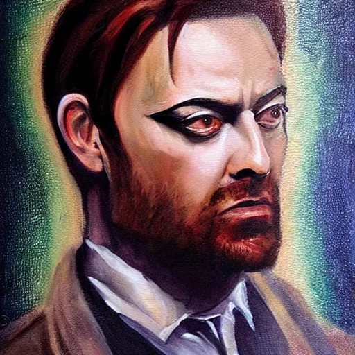 Prompt: Crowley from supernatural, noble portrait, professional painter, oil painting, superior look