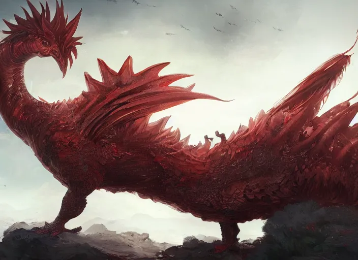 Prompt: detailed concept art of a huge giant rooster monster dragon by cheng yi and luolin, artstation, artstationhd