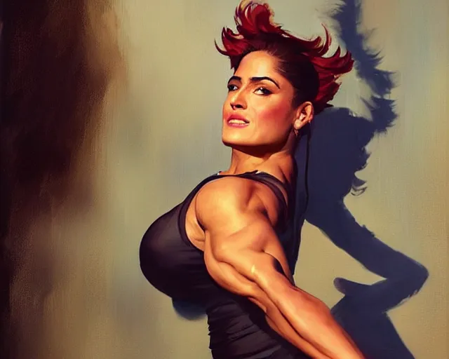 Prompt: greg manchess portrait painting of smug salma hayek as beautiful thick female bodybuilder zarya from overwatch, medium shot, asymmetrical, profile picture, organic painting, sunny day, matte painting, bold shapes, hard edges, street art, trending on artstation, by huang guangjian and gil elvgren and sachin teng