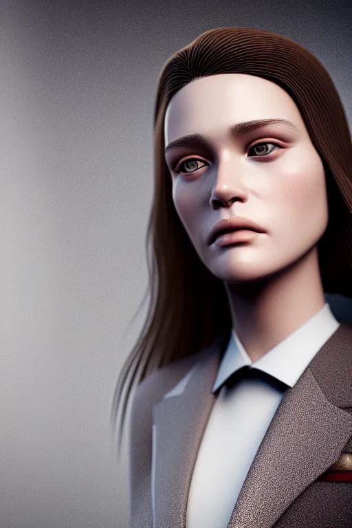 Image similar to kodak portrait 4 0 0 hyperdetailed very close portrait of a model, beautiful young female with brown hair and grey eyes, in a tight suit, volumetric light, by rossdraws and alexander mcqueen, rim light, octane render, 8 k