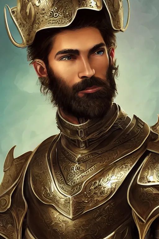 Image similar to young man with thin beard, messy short hair, very beautiful, wearing intricate bronze and silver armour. digital art. trending on artstation. vivid colours. unrealistic, storybook, fable.