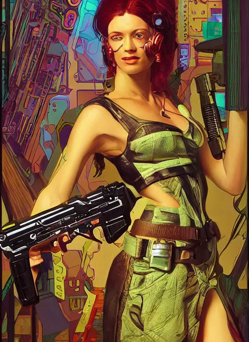 Image similar to cyberpunk woman in dress holding belt fed pistol. advertisement for pistol. cyberpunk ad poster by james gurney, azamat khairov, and alphonso mucha. artstationhq. painting with vivid color, cell shading. ( rb 6 s, cyberpunk 2 0 7 7 )