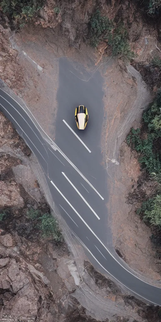 Prompt: detailed dji mavic flying over a mountain road with a super car on it, photo, kodak portra 4 0 0, direct flash, cinematic lightning, anti aliasing