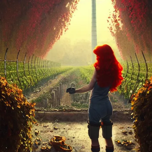 Image similar to red hair girl, chernobyl powerplant!!!, rubble, flowers, vines, hyperrealistic, highly detailed, cinematic, single ray of golden sunlight, beautiful, cgssociety, artstation, 8 k, oil painting by greg rutkowski, by artgerm, by wlop