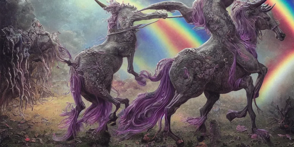 Image similar to A beautiful detailed mate painting Unicorns dancing under a rainbow on a graveyard' by Wayne Barlowe, existential horror, Trending on cgsociety artstation, highly detailed, 8k, masterpiece, in the style of DiscoDiffusion.