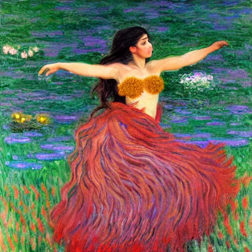 Image similar to beautiful tan mexican woman, landscape, dancing in a field of dragon lily, prominent rosy cheek bones, black hair and brown eyes, monet and da vinchi art style,