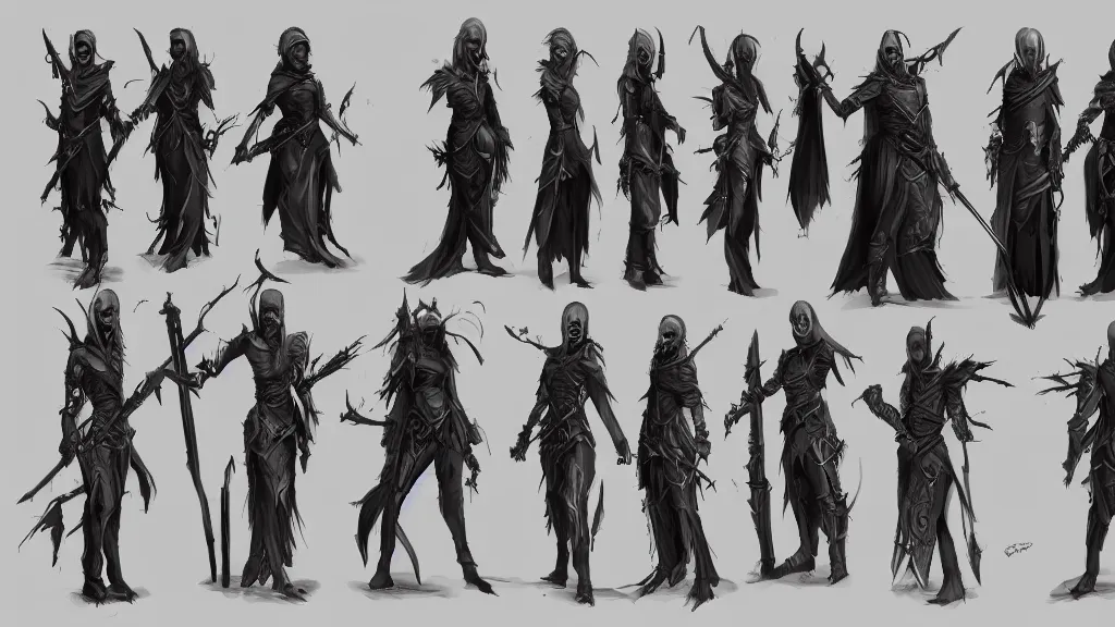 Prompt: a fantasy undead assassin character design sheet, trending on artstation