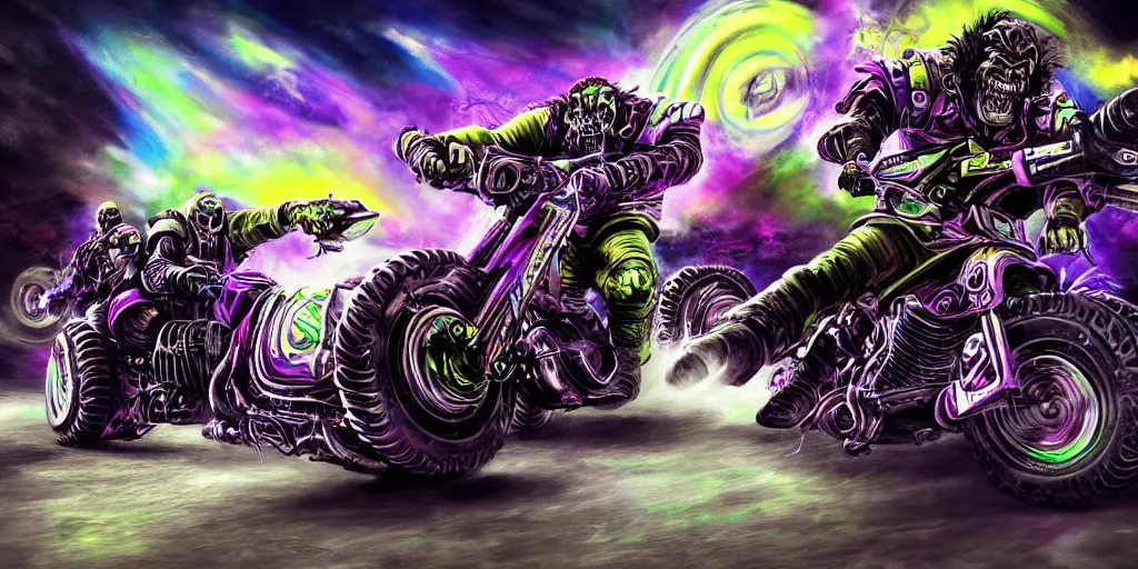 Image similar to psychedelic blacklight airbrush artwork, motorcycles, hyper stylized action shot of orcs in battle armor racing on motorcycles, menacing orcs, drifting, skidding, wheelie, clear focused details, soft airbrushed artwork, black background, post - apocalypse, cgsociety, artstation