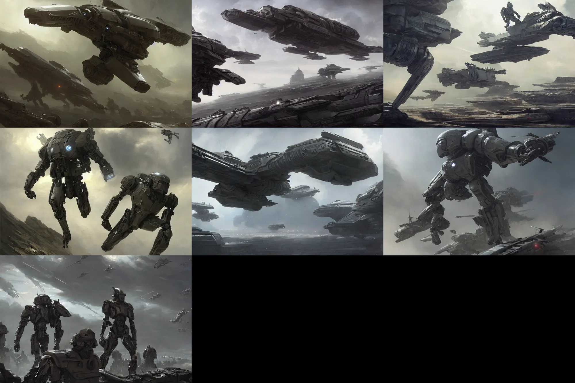 Prompt: hyper realistic sci - fi matte concept art painting of cyborg soldiers leaping from a low flying spaceship, beautiful details, strong composition painted by kim jung guweta studio rutkowski, james gurney and greg rutkowski, and lucasfilm, smooth, intricate, detailed, sharp focus, cinematic