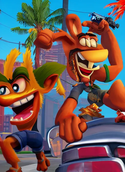 Prompt: Crash Bandicoot as a gangster in GTA V, Cover Art by Tristan Eaton, Boxart, Loading Screen. 8k Resolution