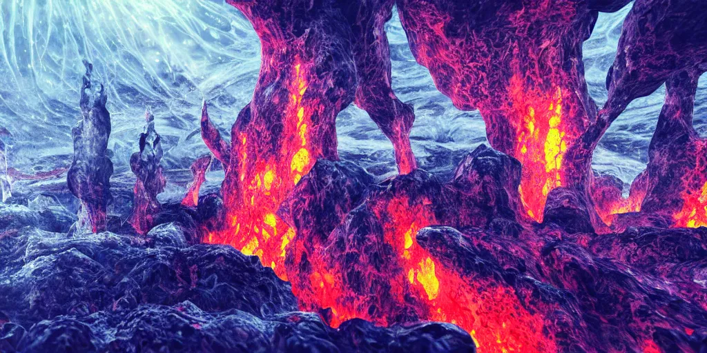 Prompt: death metal concert inside an active volcano, intricate complexity, horror, rainbow drip paint, psychedelic glitch art, trending on art station, photoreal, 8k, octane render