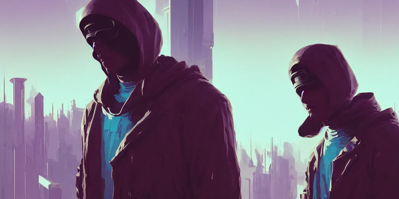 Image similar to cyberpunk synth, hyper - realistic portrait of a man in a hoodie, cyberpunk, by atey ghailan, by greg rutkowski, by greg tocchini, by james gilleard, by joe fenton, by kaethe butcher, dynamic lighting, gradient light blue, brown, blonde cream and white color scheme, grunge aesthetic