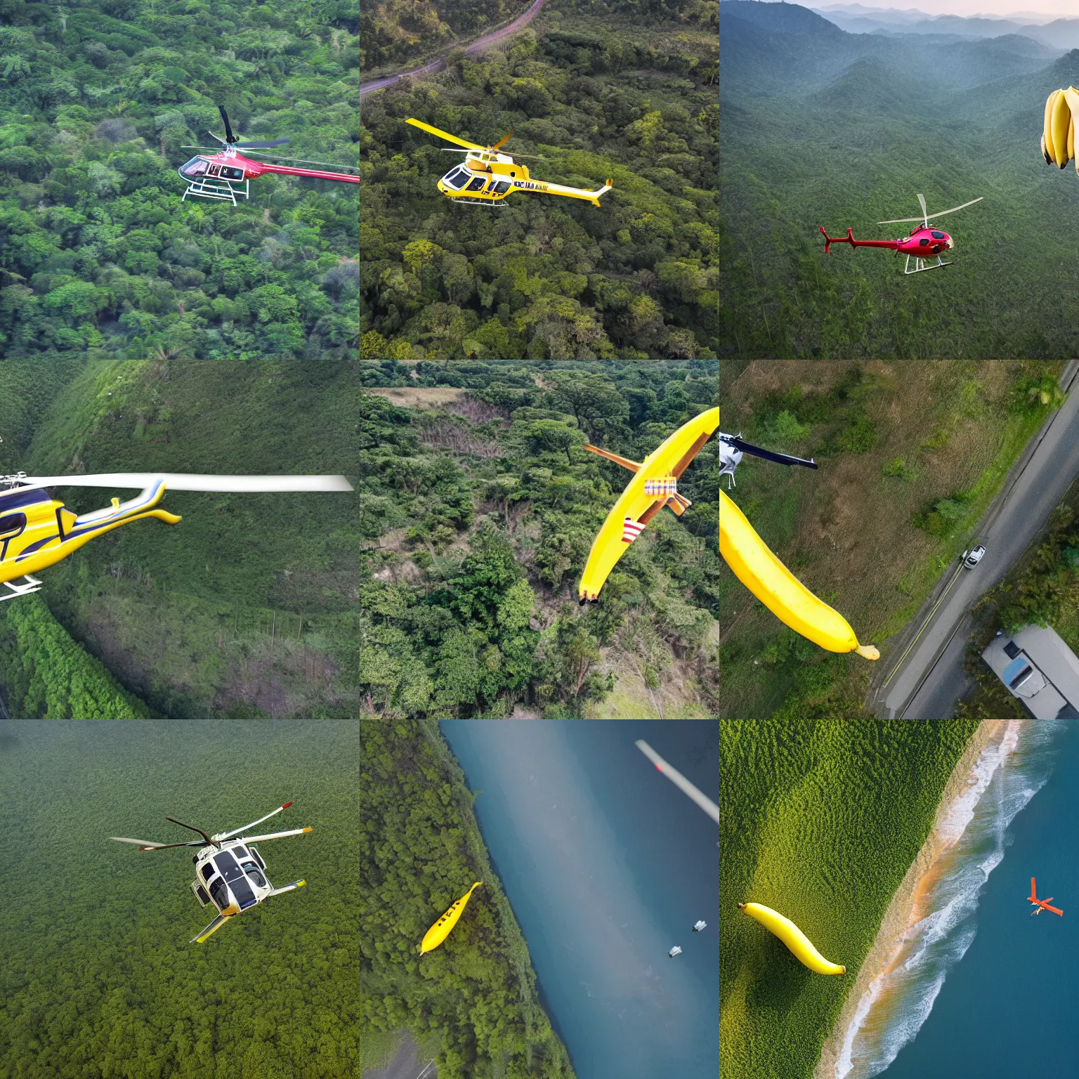 Prompt: a high resolution cinematic photo of a police helicopter chasing a flying banana 8K