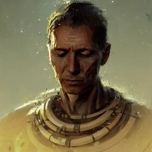 Prompt: a neolithic priest, male, cybernetically enhanced, sci fi character portrait by greg rutkowski, craig mullins