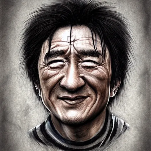 Image similar to surrealism grunge cartoon portrait sketch of Jackie Chan, by michael karcz, loony toons style, freddy krueger style, horror theme, detailed, elegant, intricate