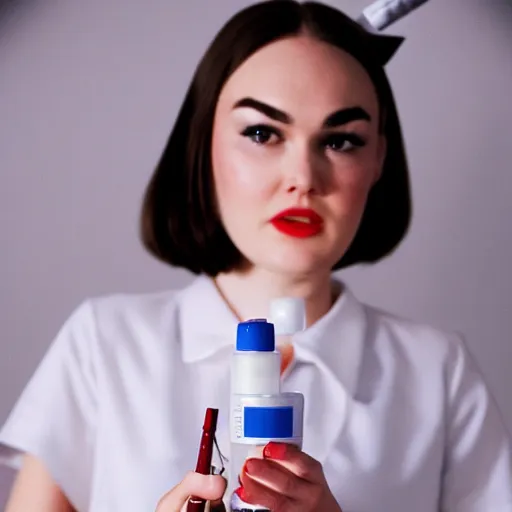 Image similar to sasha grey in 1 9 6 0 s nurse outfit posing with a syringe, 4 k, art station cinematic lighting