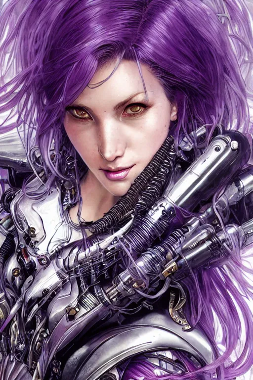 Image similar to extreme close up facial portrait, pale woman with flowing purple hair in sci - fi armor, bionic armor, stoic, powerful, by artgerm and yoshitaka amano and moebius and alphonse mucha, hyperdetailed, dc comics, ornate, nebula, detailed, yoji shinkawa, trending on artstation