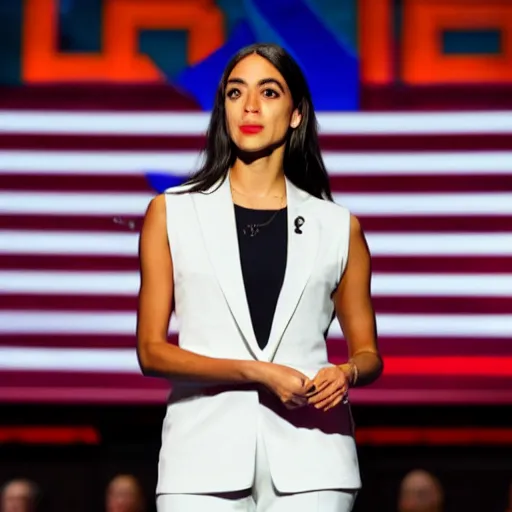 Image similar to Alexandria Ocasio-Cortez full body portrait, holding AR-15 on stage, realistic 4k