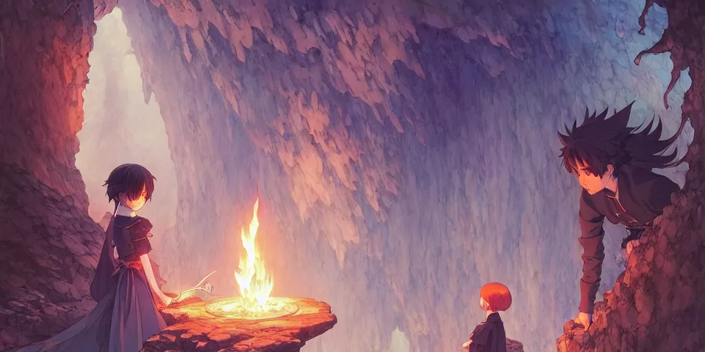 Image similar to the girl and the magic dragons cave. anime movie still. smooth. torches, dark. by hayao miyazaki and rossdraws and artgerm and chie yoshii and detmold and greg rutkowski and alphonse mucha. anime production by studio ghibli. high quality, stunning, intricate detailed environment. 8 k