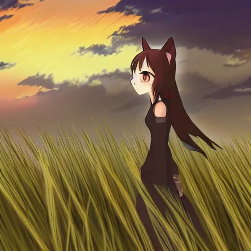 Image similar to anime illustration of Holo from Spice and Wolf standing in a wheat field at sunset, Holo if a wolf girl