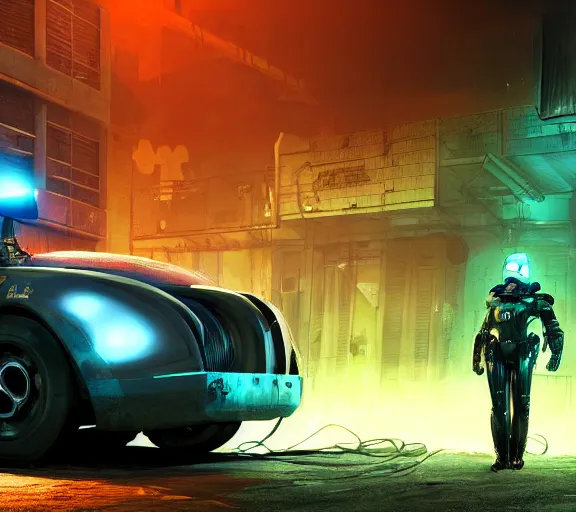 Image similar to a robotic cthulhu police officer sitting next to a futuristic police car, rusty helmet, cyberpunk, fallout 5, studio lighting, deep colors, apocalyptic setting, city at night