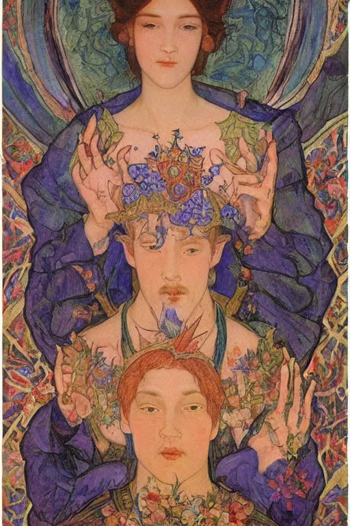 Image similar to coronation of the flower prince, by Annie Swynnerton and Nicholas Roerich, embroidered brocade, tattoos, elaborate costume, geometric ornament, symbolist, rich colors, dramatic lighting, smooth, sharp focus, extremely detailed