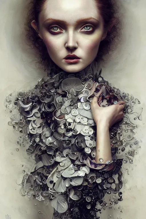 Image similar to an intricate realistic oil painting of a fashion model resembling lily cole, wearing avant garde fashion, clothing by alexander mcqueen, clothing by iris van herpen, full body, headspace, runway, by tom bagshaw, by karol bak