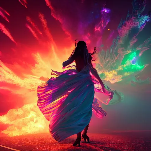 Image similar to Photorealistic magic goddess walking away from an explosion. Hyperdetailed photorealism, 108 megapixels, amazing depth, glowing rich colors, powerful imagery, psychedelic Overtones, 3D finalrender, 3d shading, cinematic lighting, artstation concept art