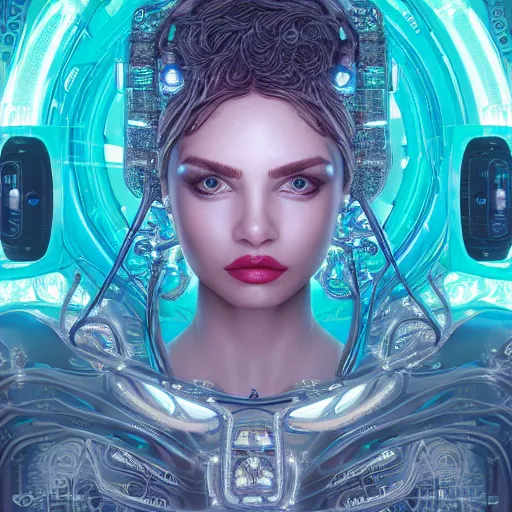 Image similar to woman integrating with technology, full face, detailed intricate ornate cables connected to head, big open electric eyes, luxurious detailed abundent wiring and implants, diamonds, sci-fi, neon, emeralds, detailed technology full background, highly detailed, artstation, Rene Lalique and Eddie Mendoza