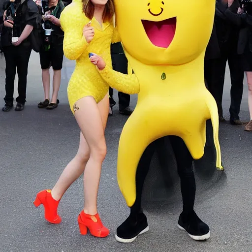 Prompt: emma watson in a banana mascot suit