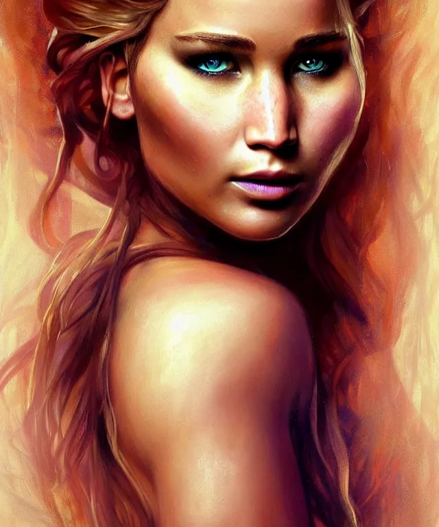 Image similar to half nicole kifman half Jennifer lawrence, a fantasy beautiful woman portrait, amber loving eyes, face, long hair, fantasy, intricate, elegant, highly detailed, digital painting, concept art, smooth, sharp focus, soft pale lights, illustration, greg rutkowski and alphonse mucha