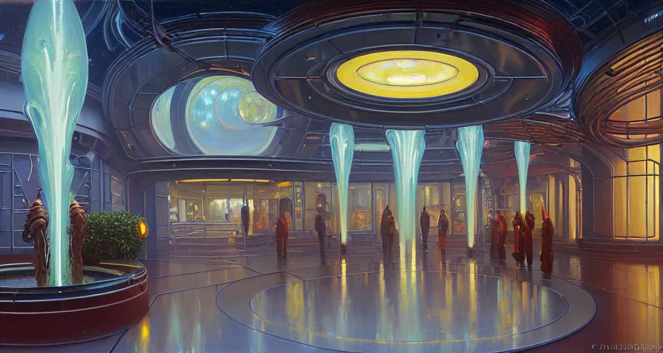 Prompt: a minimalist oil painting by donato giancola, warm coloured, cinematic scifi bioluminescent luxurious futuristic foggy steam filled art deco garden circular shopping mall interior with microscopy minimalist giant windows flowers growing out of pretty bulbous ceramic fountains, gigantic pillars and flowers, maschinen krieger, beeple, star trek, star wars, ilm, star citizen