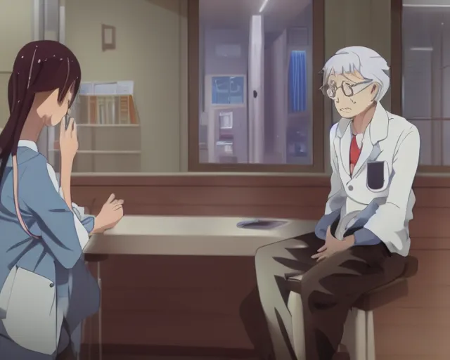 Image similar to a cute and beautiful young female doctor wearing white coat are talking with an old professor in a hospital, slice of life anime, lighting, anime scenery by Makoto shinkai