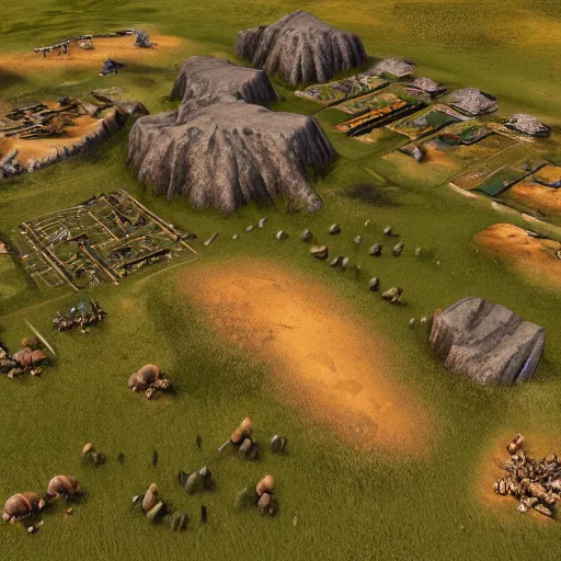 Image similar to a screenshot from a neolithic themed rts game, volumetrics, rtx graphics, unreal engine