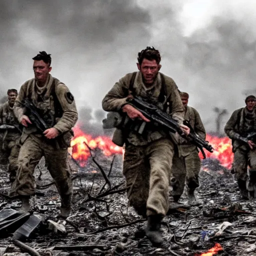 Image similar to american soldiers running at the camera with rifles during normandy beach landing with fiery explosions and debris and dead bodies and limbs all around them in the style of the movie lone survivor and saving private ryan, gritty, 4 k, cinematic lighting,