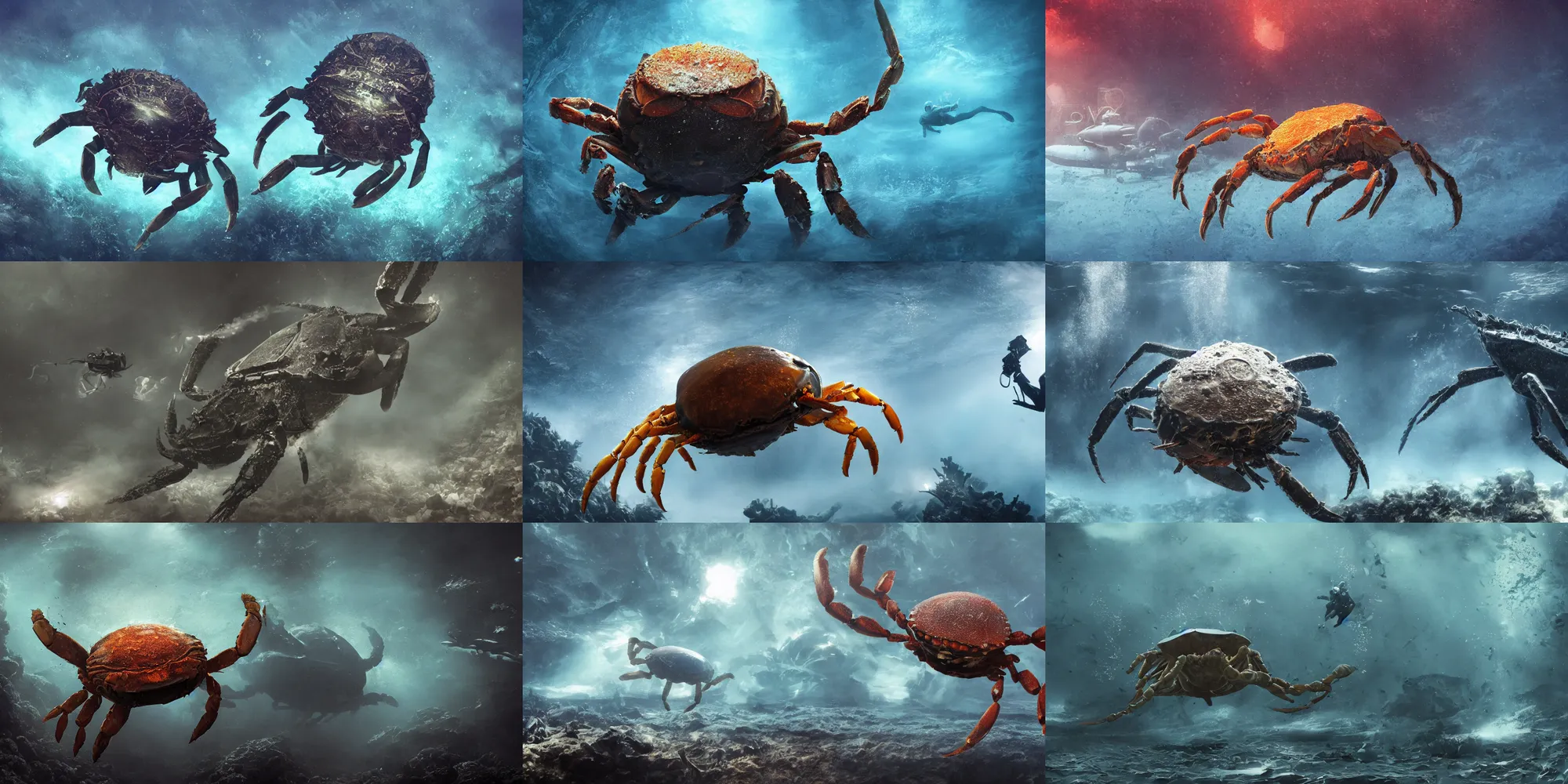 Prompt: giant crab made of smoke, astronaut underwater, atlantis scene, air bubbles, attacked submarine in background, dark, concept art, cinematic, dramatic, atmospheric, peaceful, 8 k, blue, fish, low visibility, fog, ocean floor, by denis villeneuve