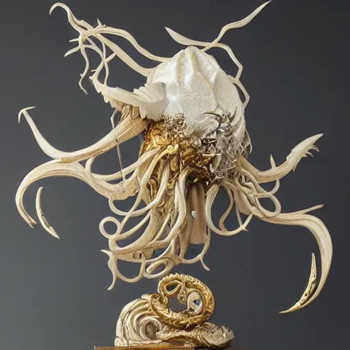 Prompt: angelarium, illithid, cthulhu, white with gold accents, sculpture by ellen jewett, black background