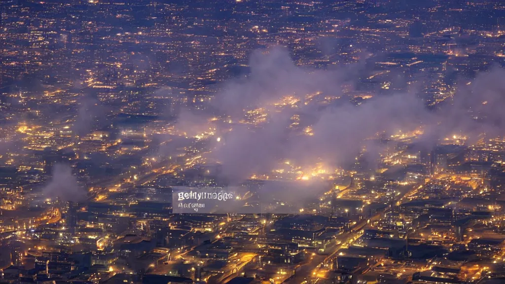 Image similar to High angle shot of a vast industrial area. Smoke rises in the air. It is nighttime. Buildings are visible in the background.
