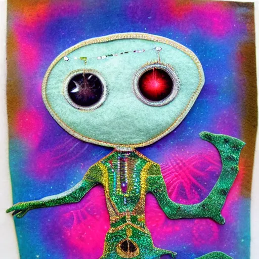 Image similar to alien with jewels for eyes, on exotic dreamy planet, highly detailed, felt, mixed media collage