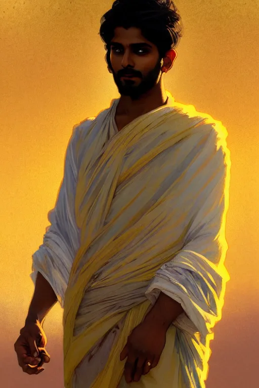 Prompt: full figure beautiful young indian man, luminous scene, by greg rutkowski and alphonse mucha, d & d character, gradient white to gold, in front of a dune desert background, highly detailed portrait, digital painting, artstation, concept art, smooth, sharp focus illustration, artstation hq