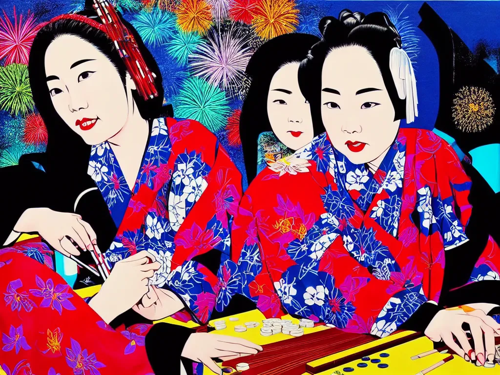 Prompt: hyperrealistic composition of the detailed woman in a japanese kimono sitting at a poker table with detailed darth vader, fireworks, beautiful mountain in the background, pop - art style, jacky tsai style, andy warhol style, acrylic on canvas