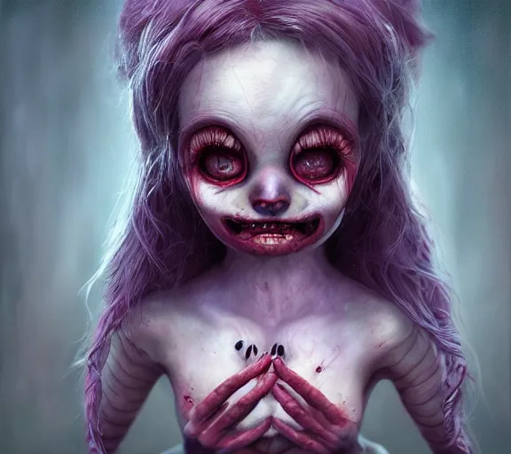 Prompt: an ethereal horror comic book style portrait painting of an extremely cute and adorable creepy nightmarish momo, character design by mark ryden and pixar and hayao miyazaki, unreal 5, daz, hyperrealistic, octane render, cosplay, rpg portrait, dynamic lighting, intricate detail, eerie vibrancy, cinematic