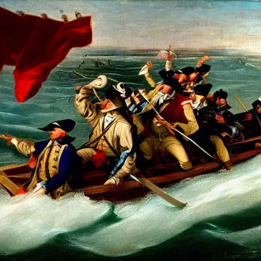 Image similar to Washington crossing the Delaware on the back of a sea serpent, oil on canvas, 1883