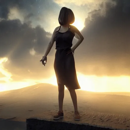 Image similar to A young beautiful giantess standing next to a small man, beautiful lighting,digital art , highly detailed , high contrast, beautiful lighting, award winning , trending on art station, 8k, photorealistic,unreal engine 5