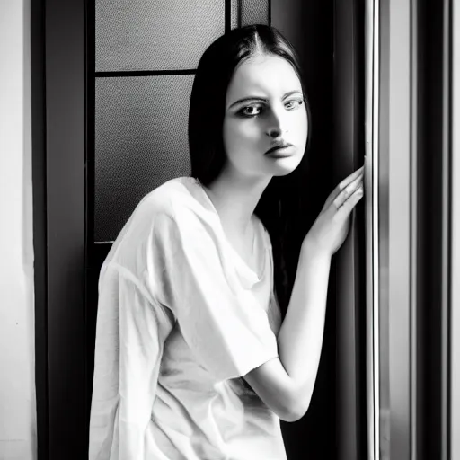 Image similar to black and white fashion photography of a beautiful depressed Woman with detailed face standing by the window, natural light, soft noise, sigma 85mm f/1.4 1/10 sec shutter