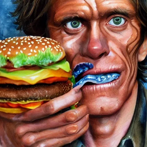 Prompt: portrait of a willem dafoe eating big mac, hamburgers everywhere, with aquarelle painted skin. close up, very dark brown hair, light eyes, intricate dark flowers pattern background, high detail, by Eddie Mendoza